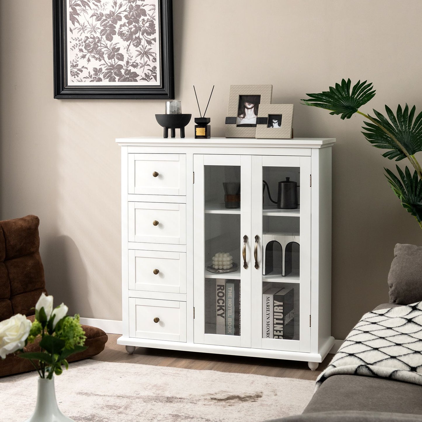 Buffet Sideboard with Glass Doors, 4 Drawers, and Adjustable Shelf – Stylish Storage Solution