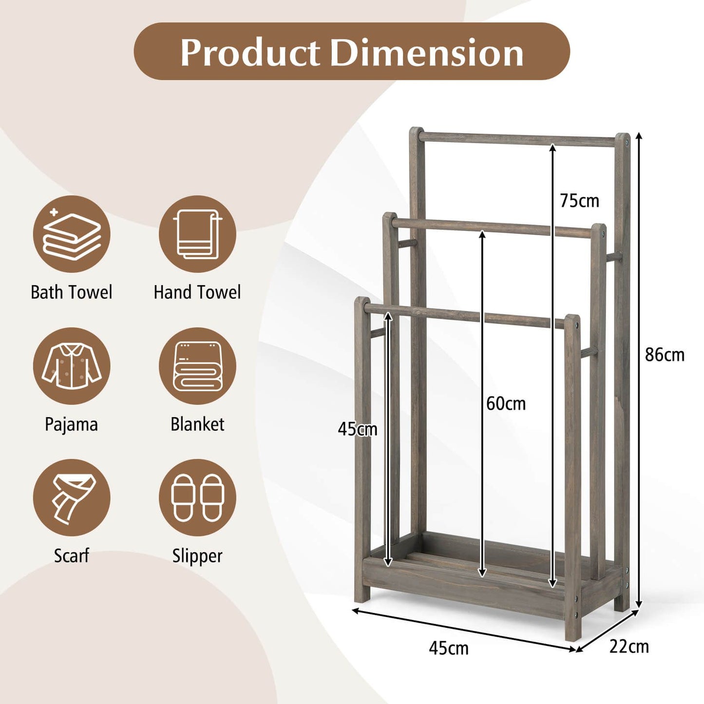 Freestanding Wood Towel Rack with 3 Bars and Bottom Storage Shelf – Elegant and Functional