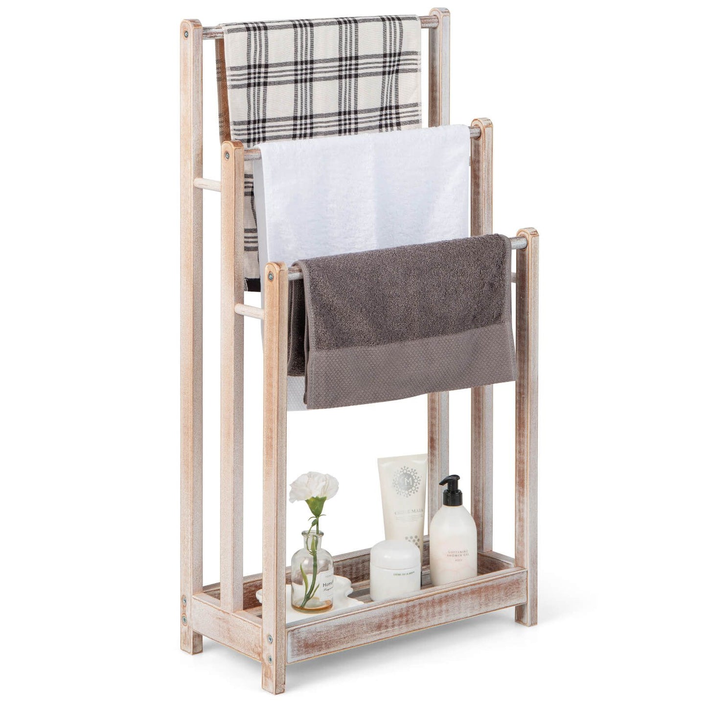 Freestanding Wood Towel Rack with 3 Bars and Bottom Storage Shelf – Elegant and Functional