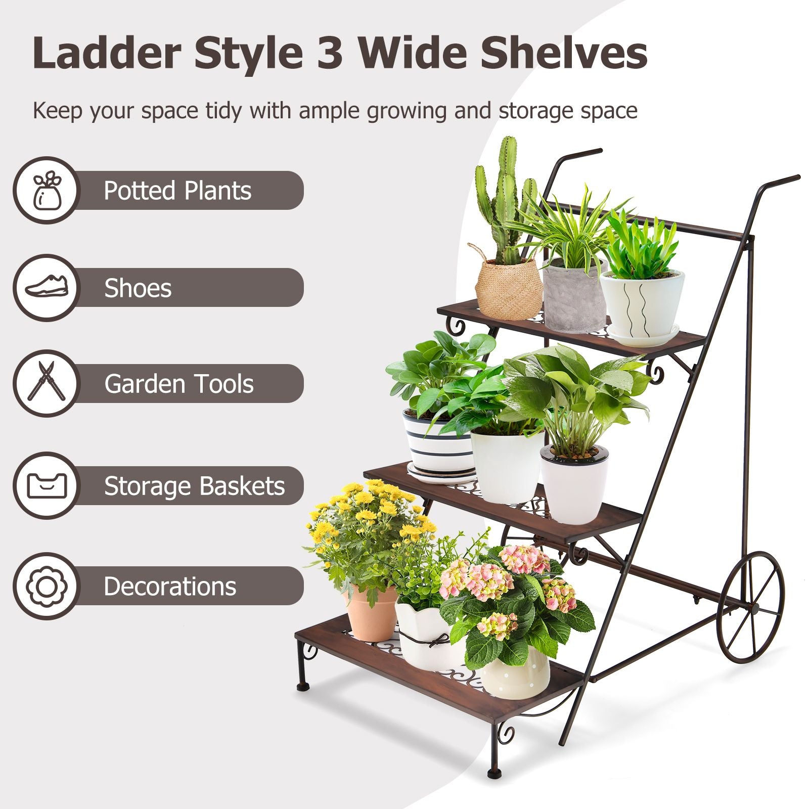 3-Tier Metal Plant Stand with Ladder Design, Wheels, and Handle – Stylish and Mobile