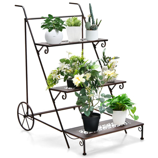 3-Tier Metal Plant Stand with Ladder Design, Wheels, and Handle – Stylish and Mobile