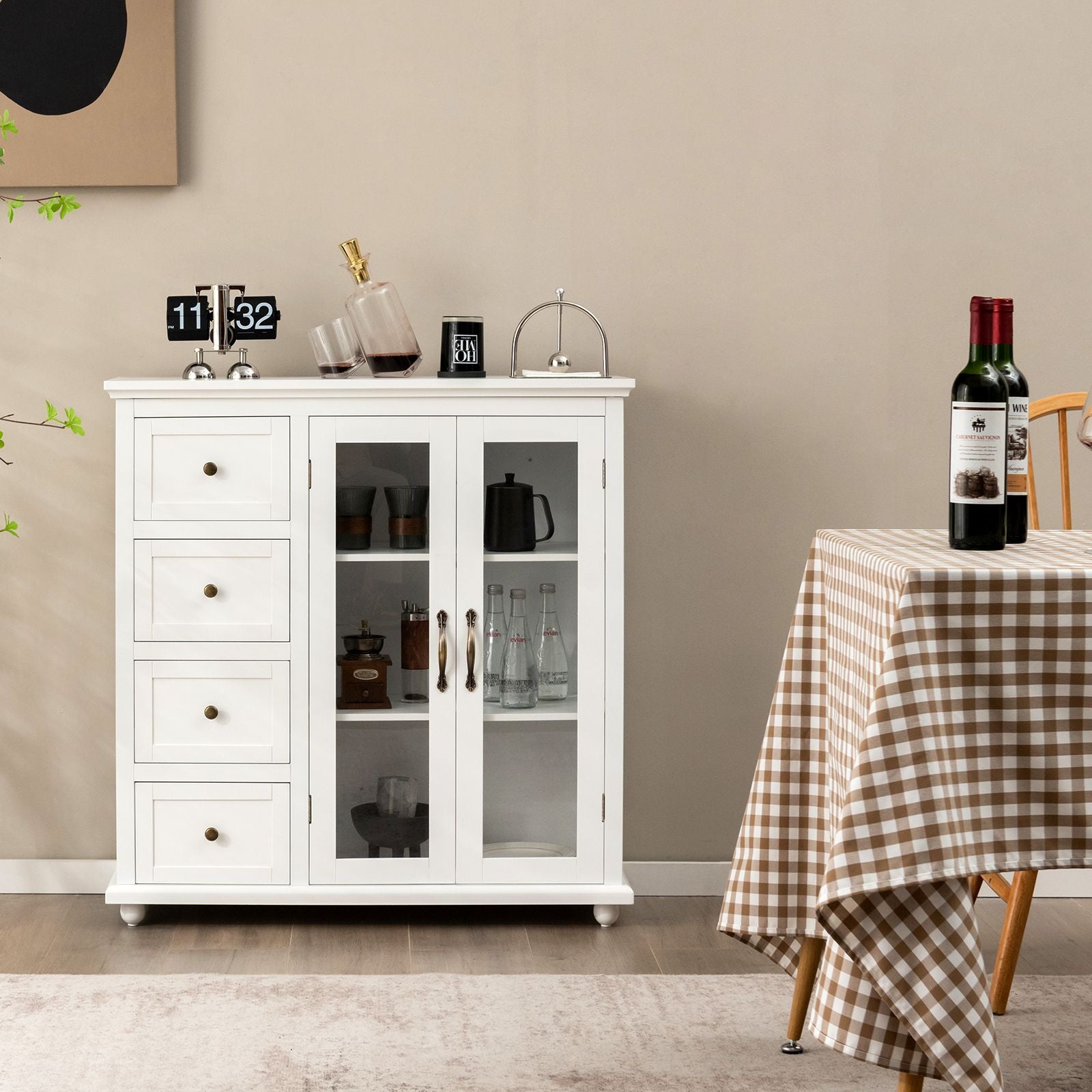 Buffet Sideboard with Glass Doors, 4 Drawers, and Adjustable Shelf – Stylish Storage Solution