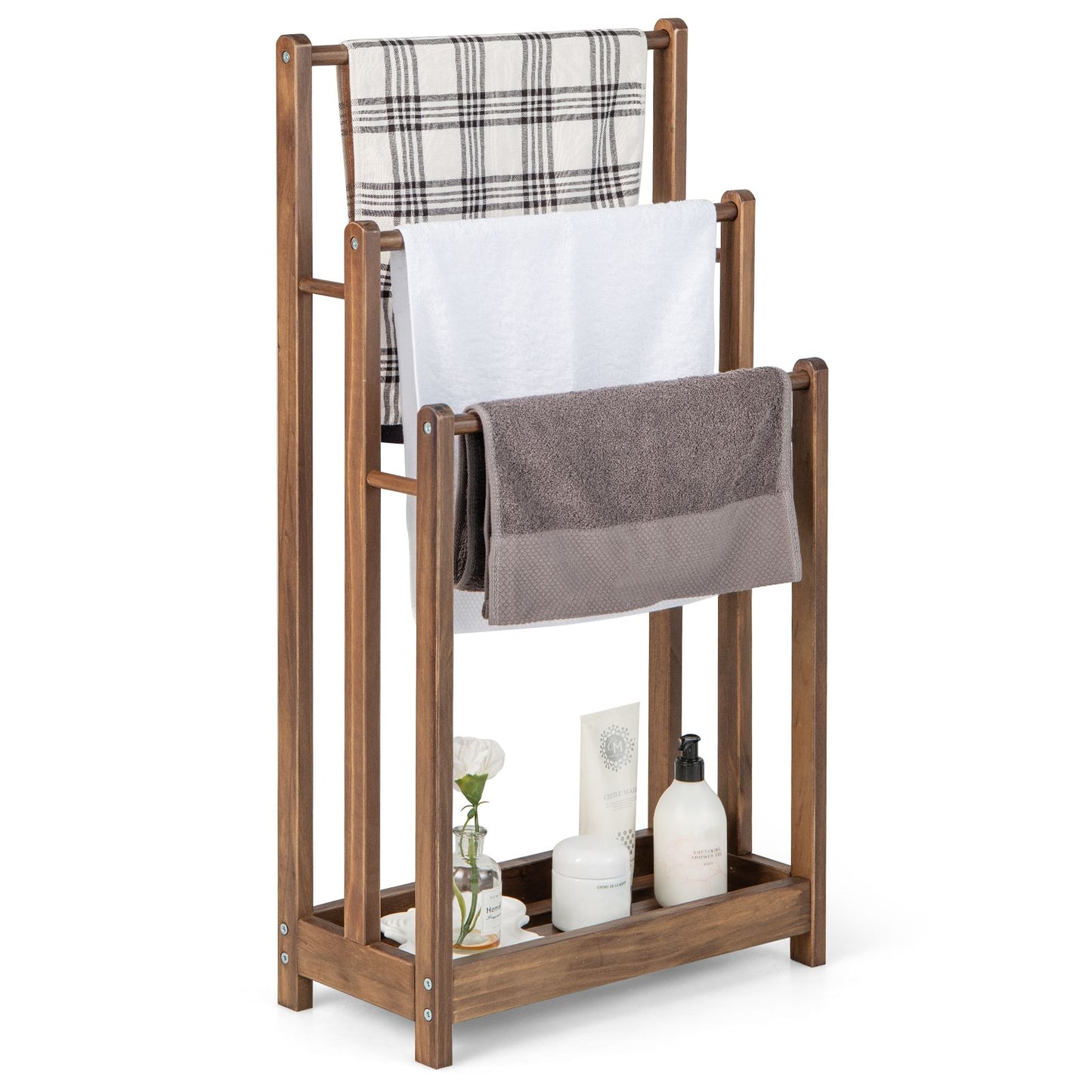 Freestanding Wood Towel Rack with 3 Bars and Bottom Storage Shelf – Elegant and Functional