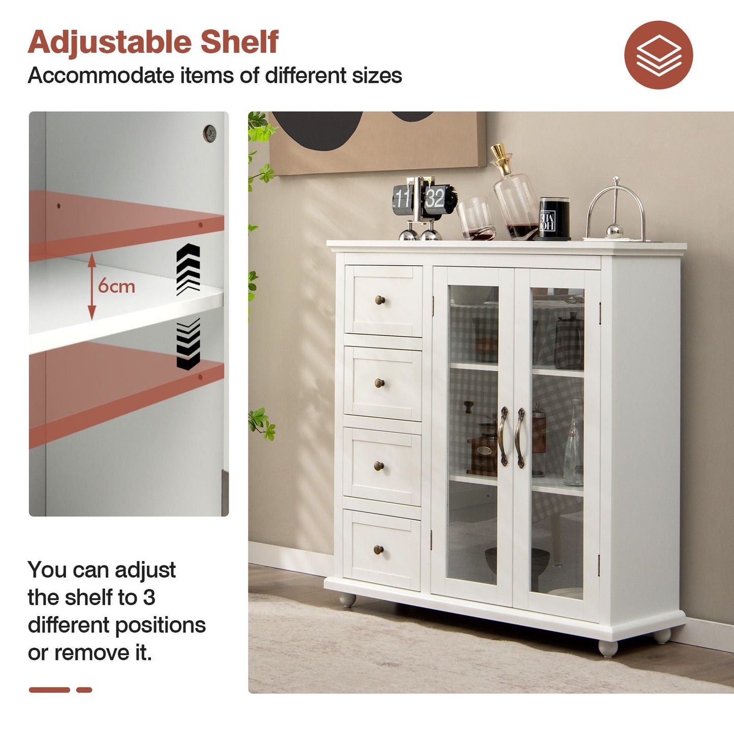 Buffet Sideboard with Glass Doors, 4 Drawers, and Adjustable Shelf – Stylish Storage Solution