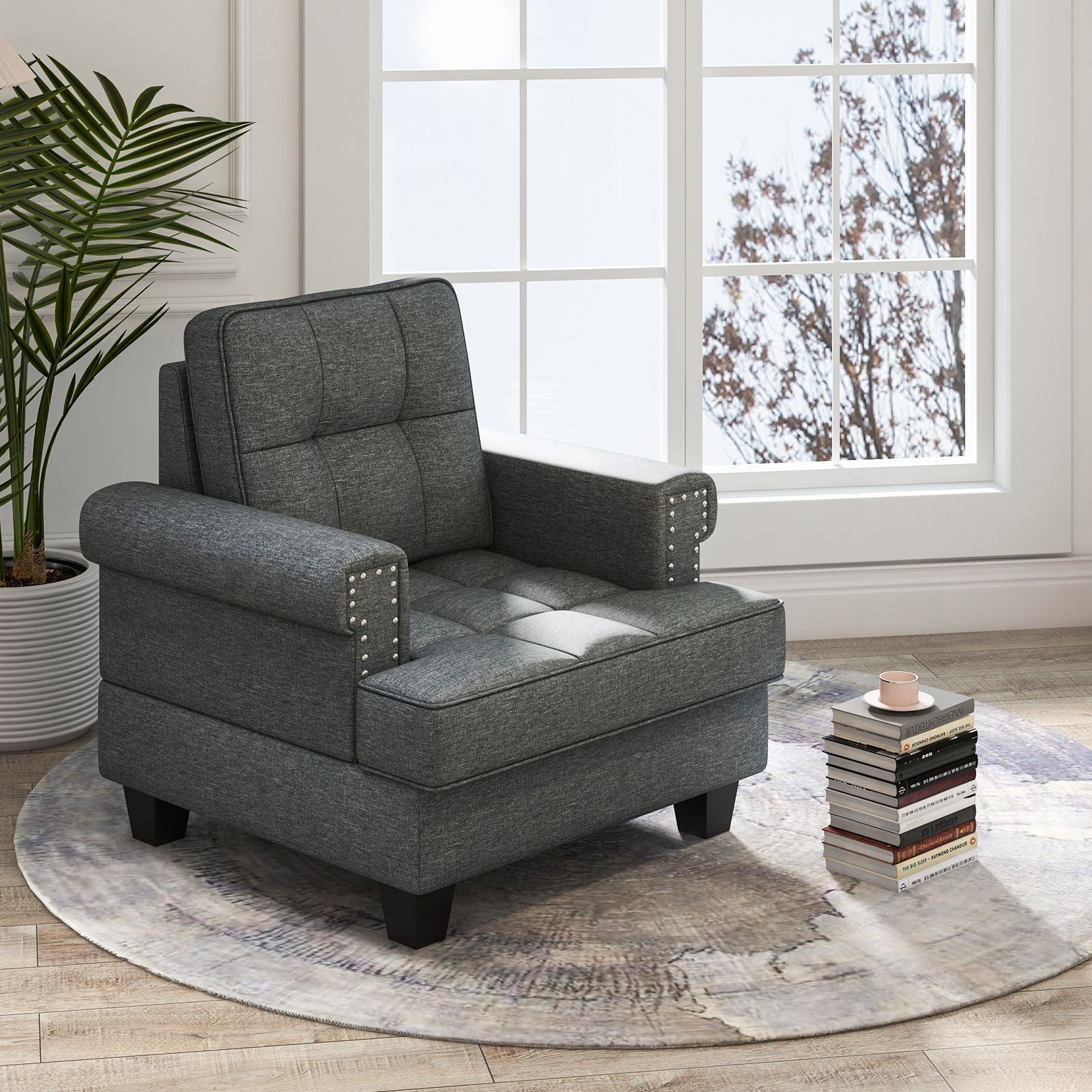 Tufted Linen Club Chair – Mid-Century Modern Accent Armchair with Extra Pillow