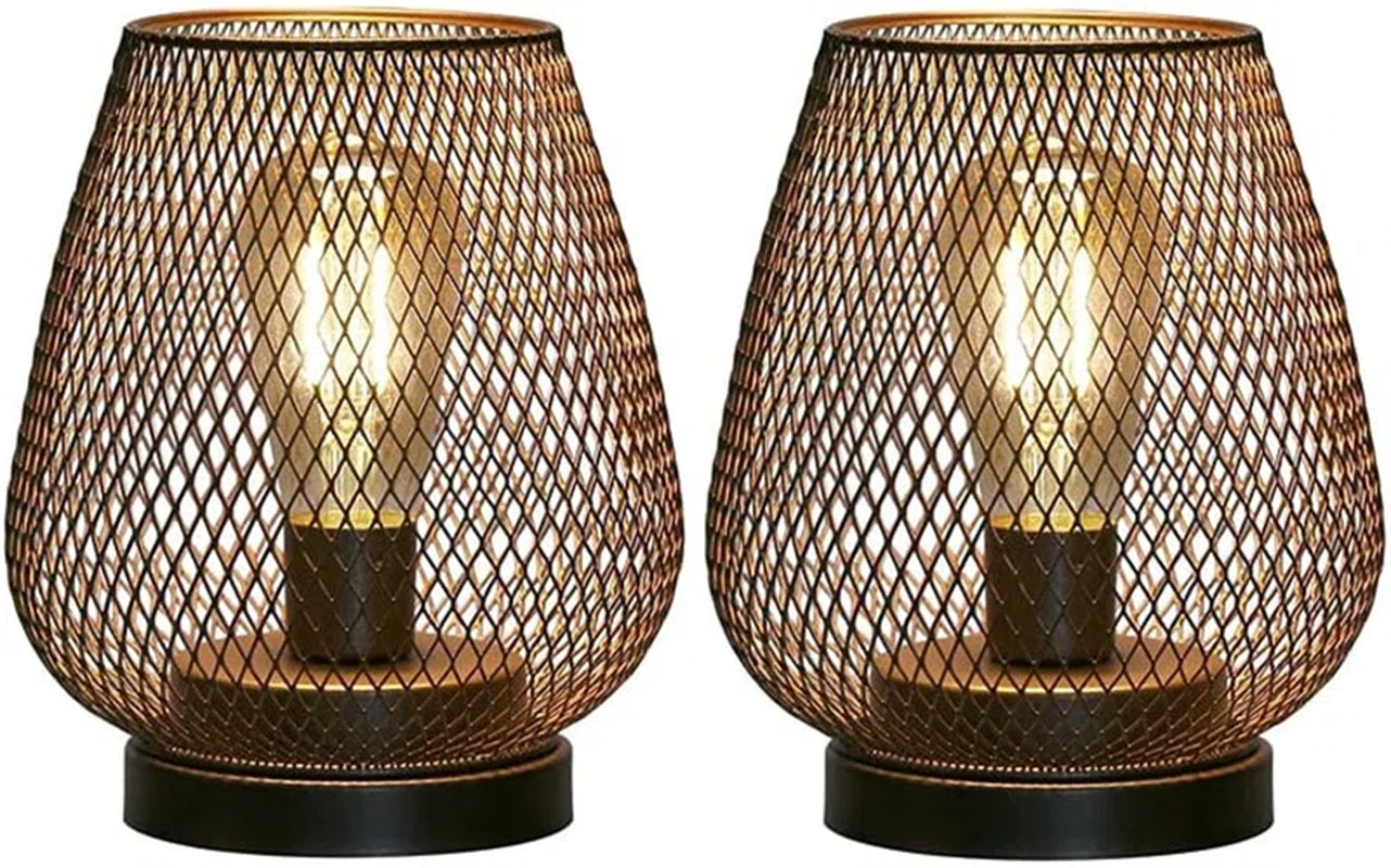 Set of 2 Modern Metal Cage Table Lamps – Battery Powered, Egg Shape