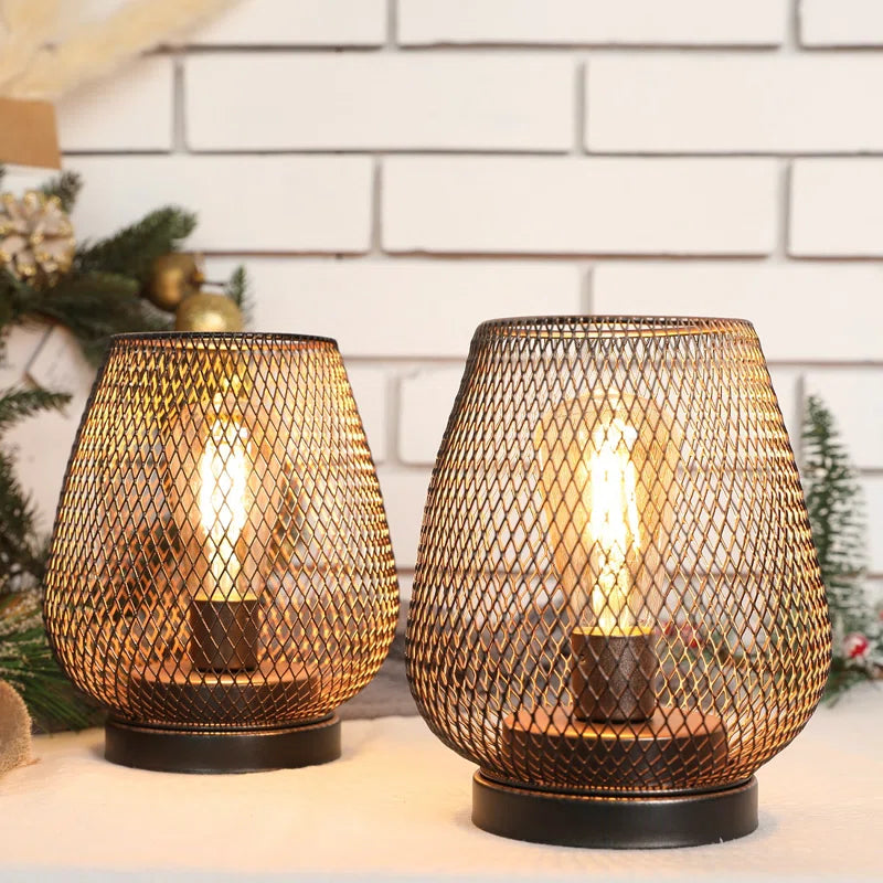 Set of 2 Modern Metal Cage Table Lamps – Battery Powered, Egg Shape