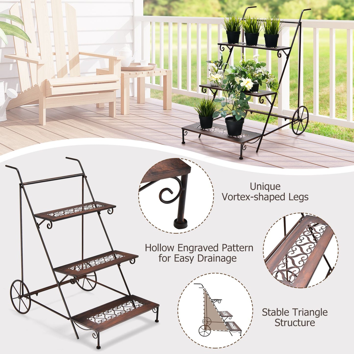 3-Tier Metal Plant Stand with Ladder Design, Wheels, and Handle – Stylish and Mobile