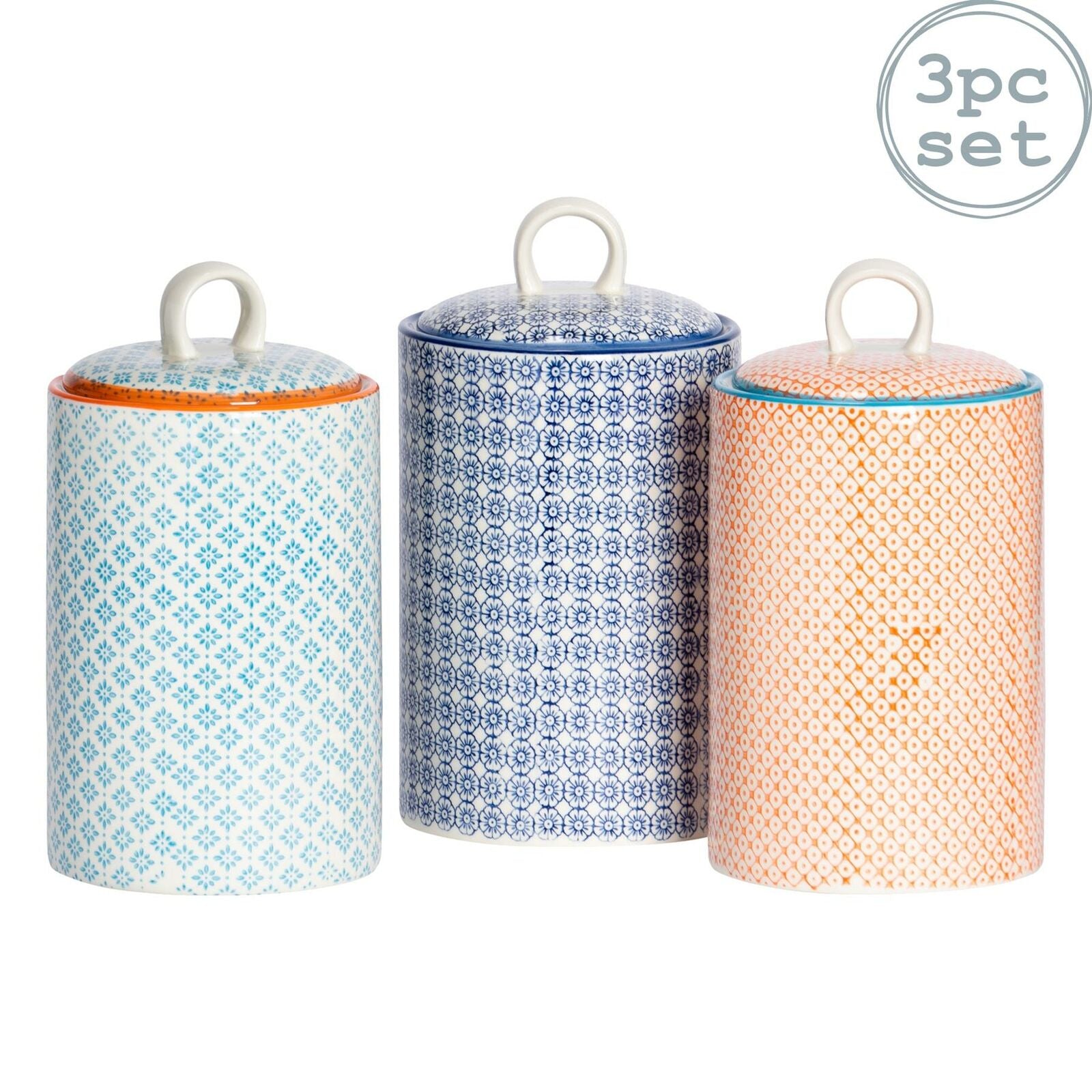 Hand-Printed Kitchen Canisters Tea/Coffee/Sug