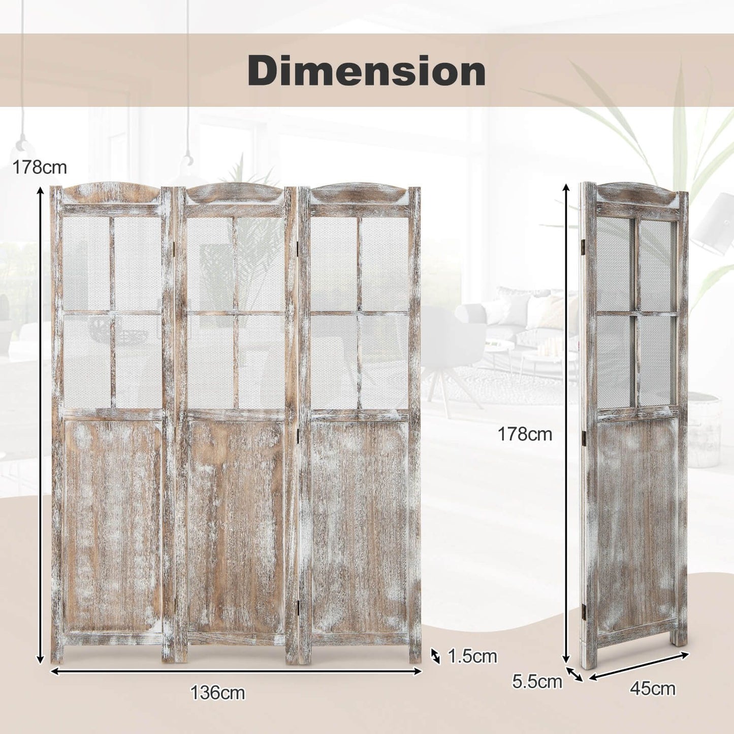 178 cm Retro 3-Panel Room Divider – Elegant Folding Privacy Screen