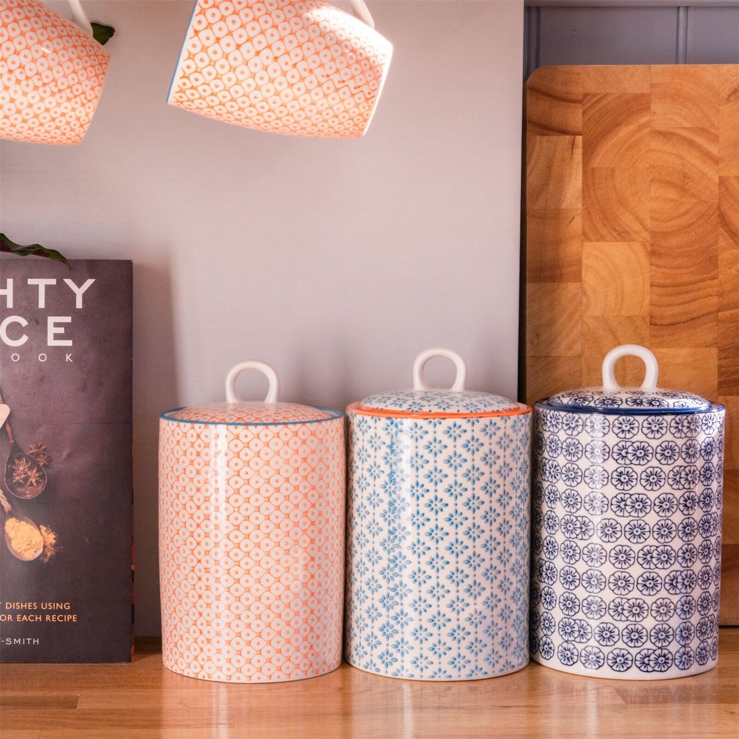 Hand-Printed Kitchen Canisters Tea/Coffee/Sug