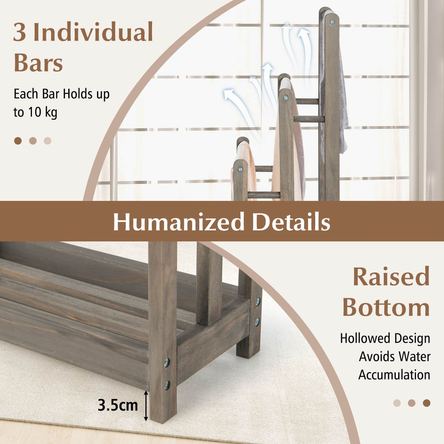 Freestanding Wood Towel Rack with 3 Bars and Bottom Storage Shelf – Elegant and Functional