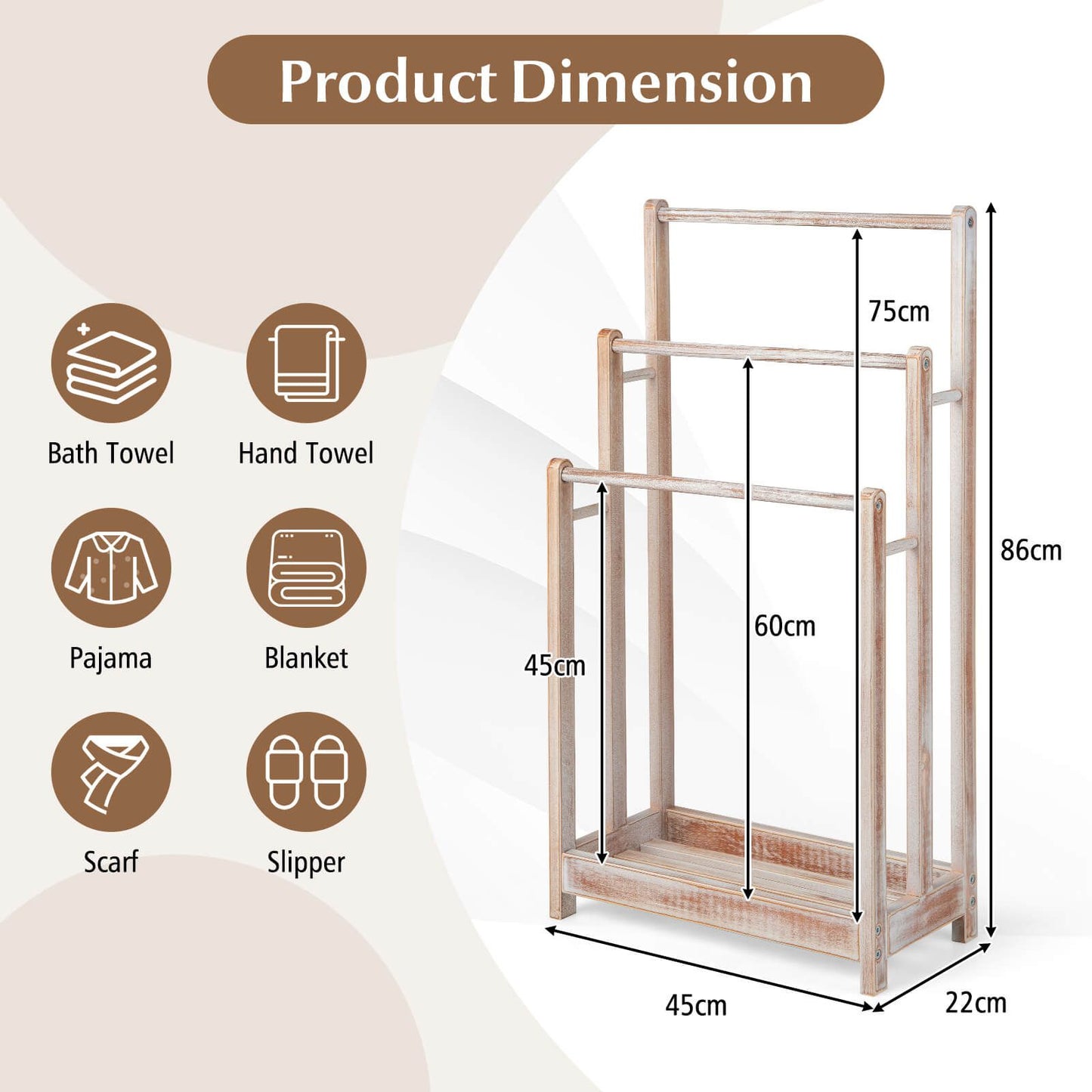 Freestanding Wood Towel Rack with 3 Bars and Bottom Storage Shelf – Elegant and Functional