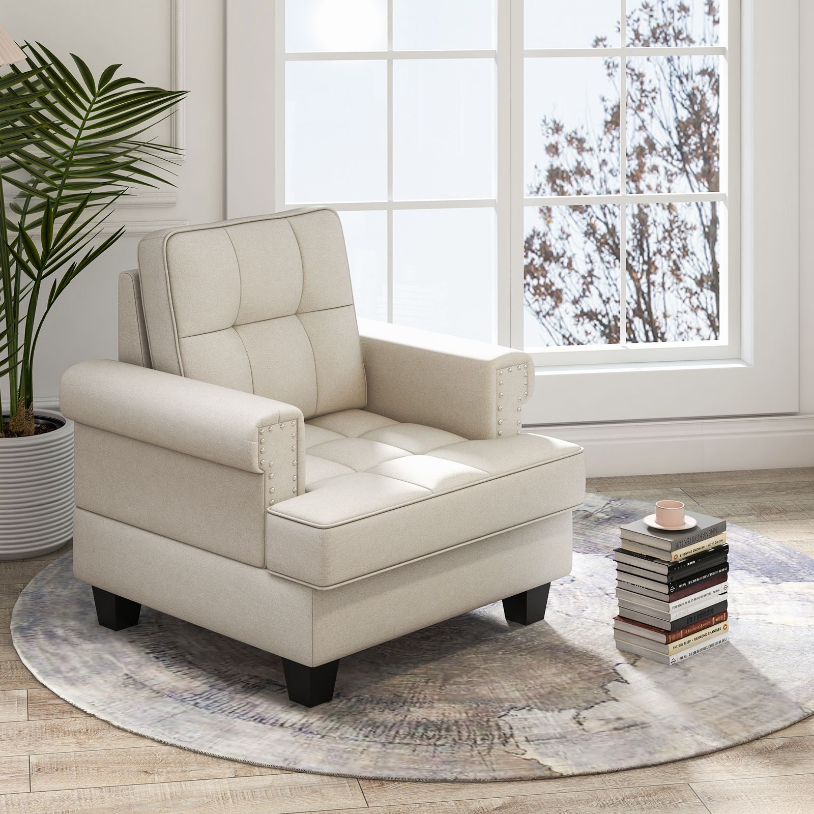 Tufted Linen Club Chair – Mid-Century Modern Accent Armchair with Extra Pillow