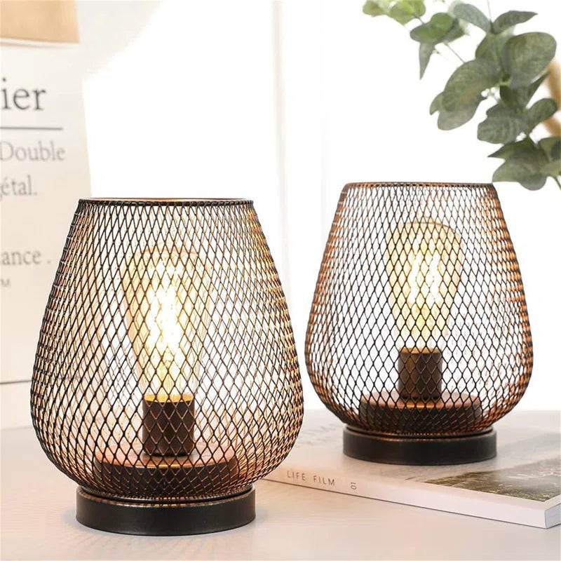 Set of 2 Modern Metal Cage Table Lamps – Battery Powered, Egg Shape