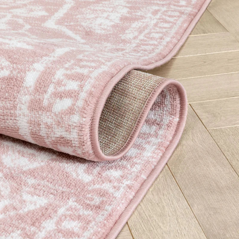 Dazzle Blush Pink & White Disa Vintage Medallion Soft Area Rug