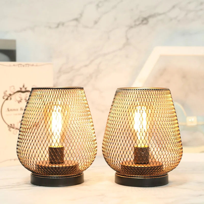 Set of 2 Modern Metal Cage Table Lamps – Battery Powered, Egg Shape