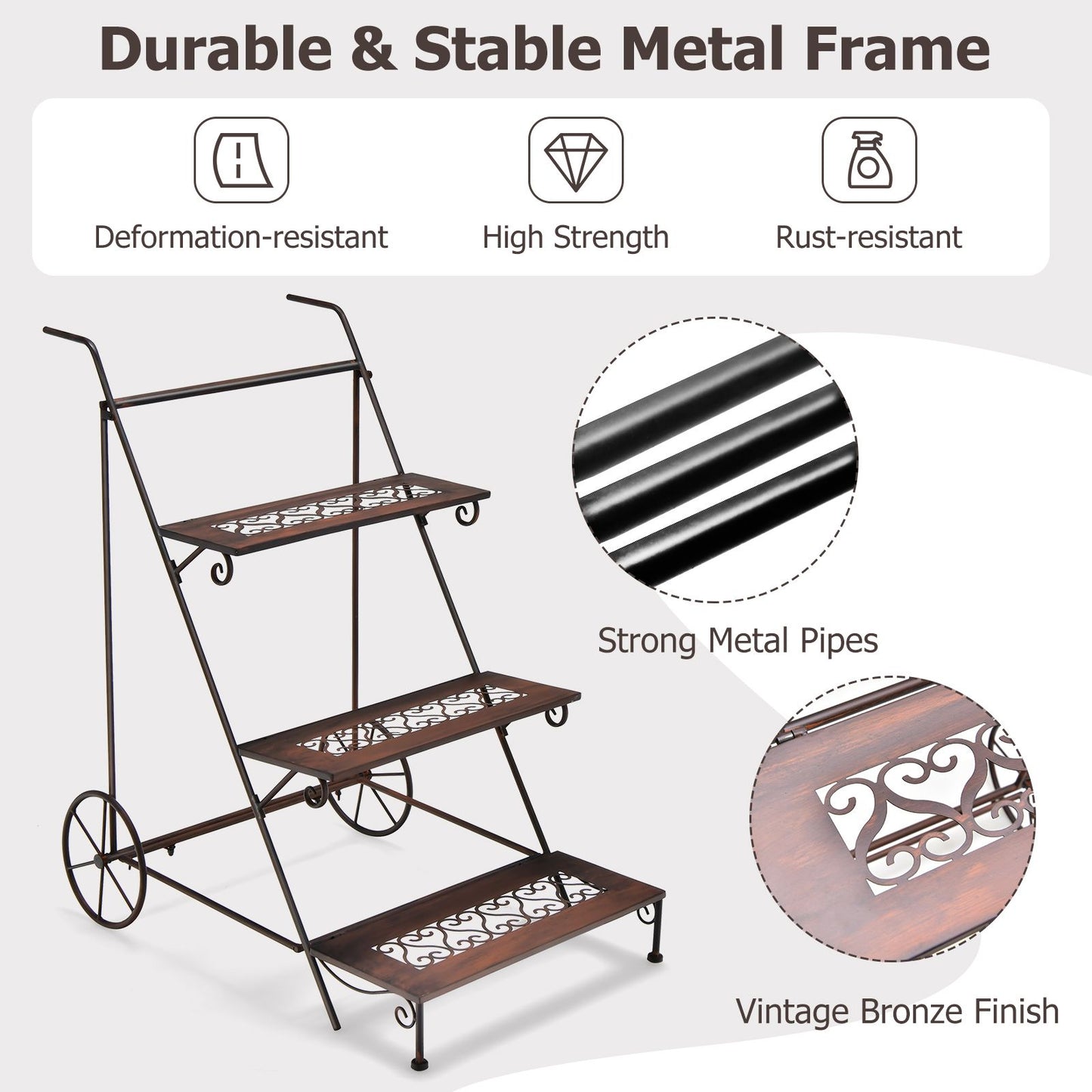 3-Tier Metal Plant Stand with Ladder Design, Wheels, and Handle – Stylish and Mobile