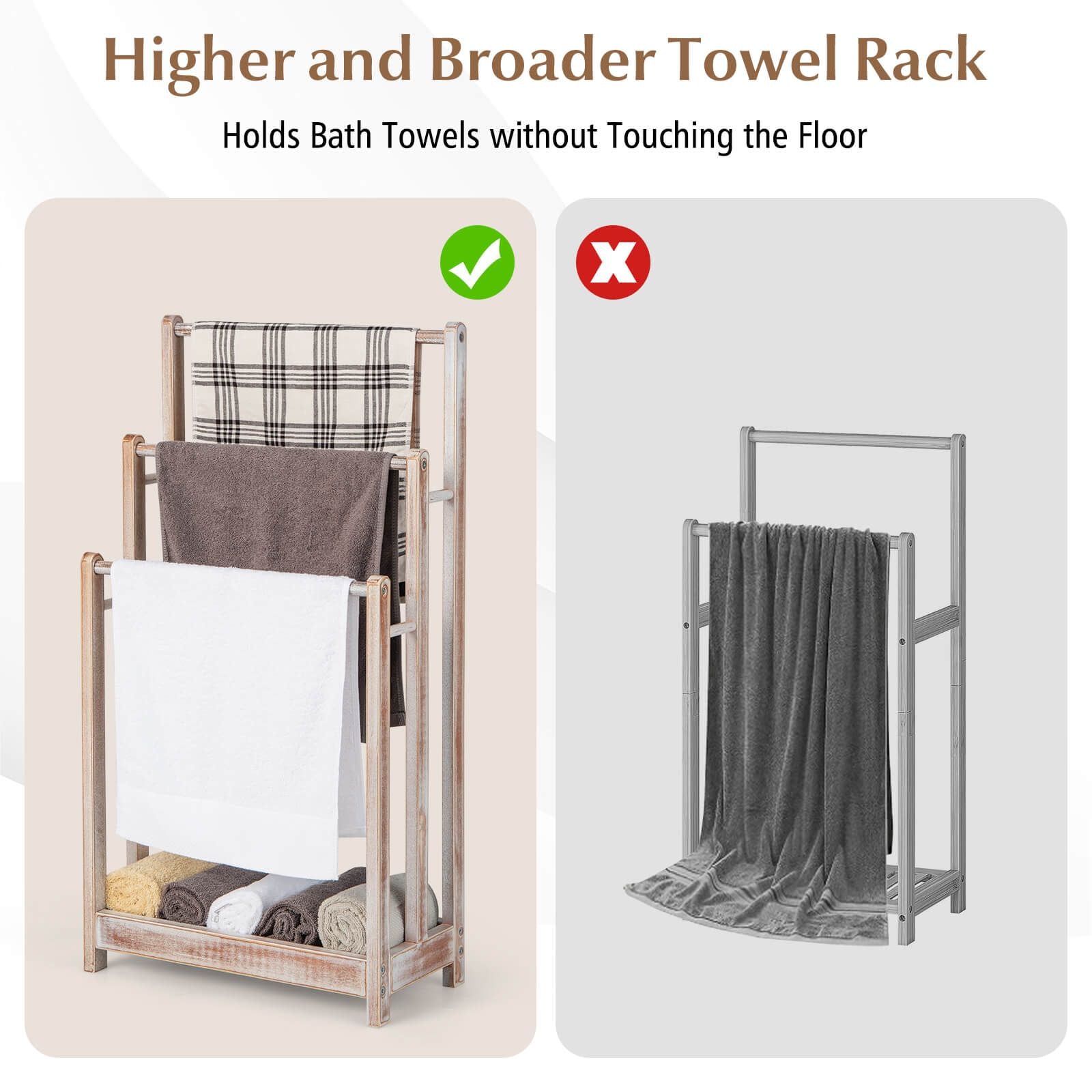 Freestanding Wood Towel Rack with 3 Bars and Bottom Storage Shelf – Elegant and Functional