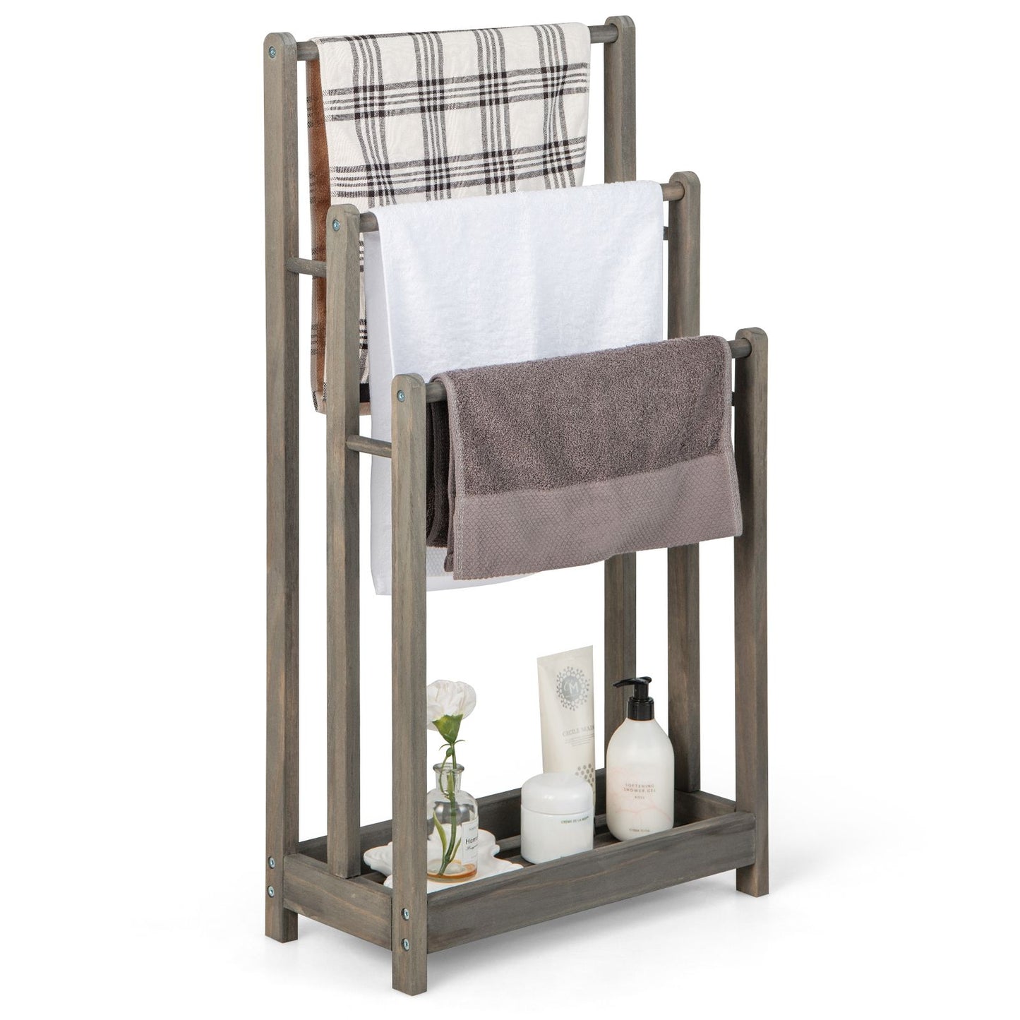 Freestanding Wood Towel Rack with 3 Bars and Bottom Storage Shelf – Elegant and Functional